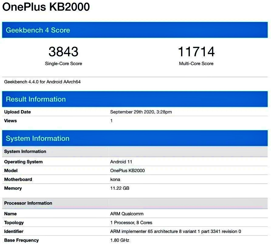 OnePlus 8T với RAM 12GB và Android 11 xuất hiện trên Geekbench