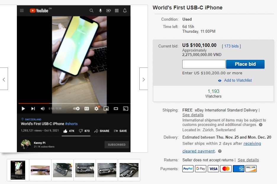 Chiếc iPhone X cổng USB-C được bán đấu giá trên eBay, hiện tại đã vượt qua mốc 100.000 USD - Clickbuy