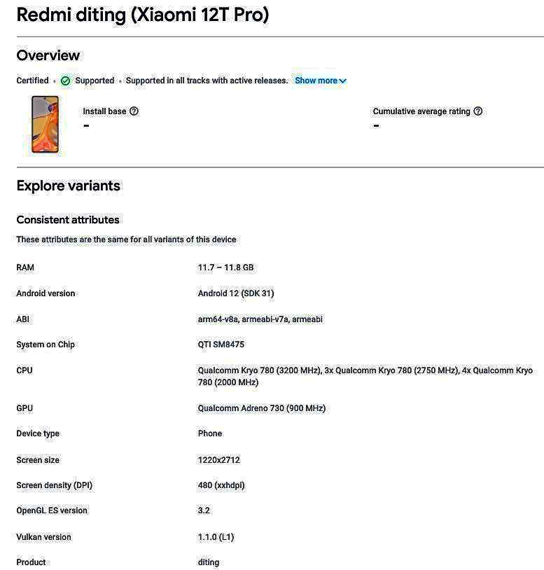 Xiaomi 12T Pro tiết lộ thông số kỹ thuật qua Google Play Console