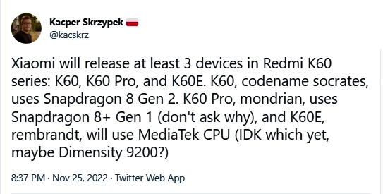 Redmi K60 Series (K60, K60 Pro và K60E) lộ thông số kỹ thuật