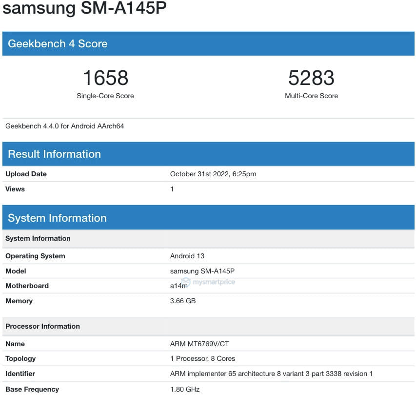 Samsung Galaxy A14 4G tiết lộ thông số kỹ thuật qua Geekbench
