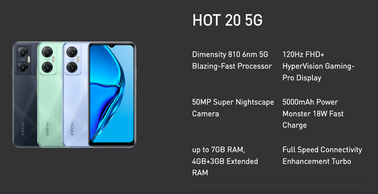 Infinix Hot 20 5G ra mắt với màn hình 120Hz, Dimensity 810, v.v.