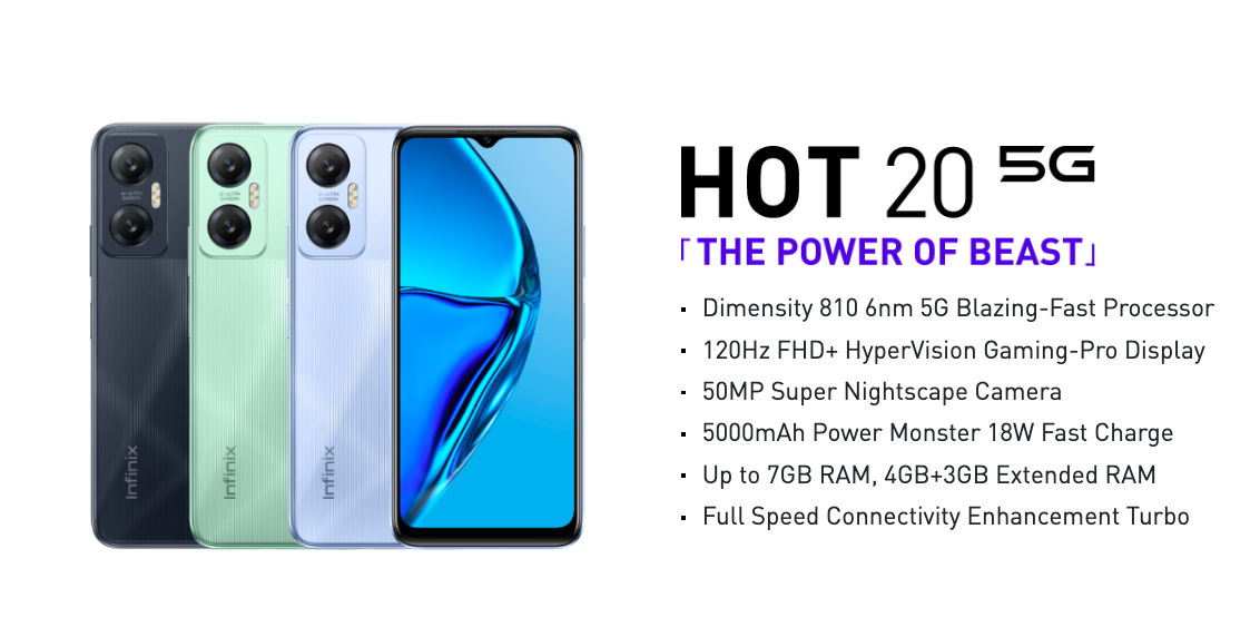 Infinix Hot 20 5G ra mắt với màn hình 120Hz, Dimensity 810, v.v.