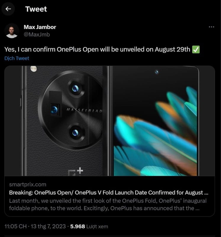 Leaker Max Jambor cũng đồng tình với thông tin rò rỉ về ngày ra mắt OnePlus Open của SmartPrix Leaker Max Jambor cũng đồng tình với thông tin rò rỉ về ngày ra mắt OnePlus Open của SmartPrix