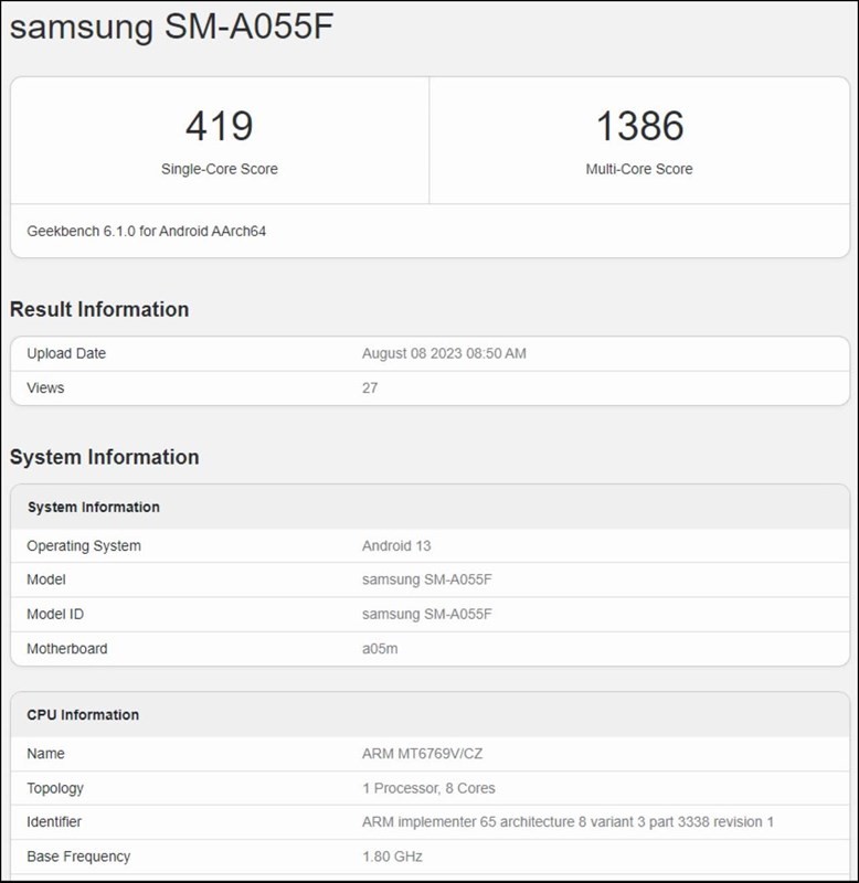 Điểm số Geekbench của một thiết bị có thể được cho là Galaxy A05 (Ảnh: Geekbench)