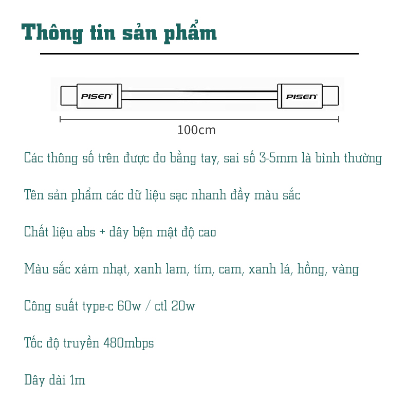 Cáp Pisen Type-C 5A / 60W ( DM-TC02-1000 ) - Clickbuy
