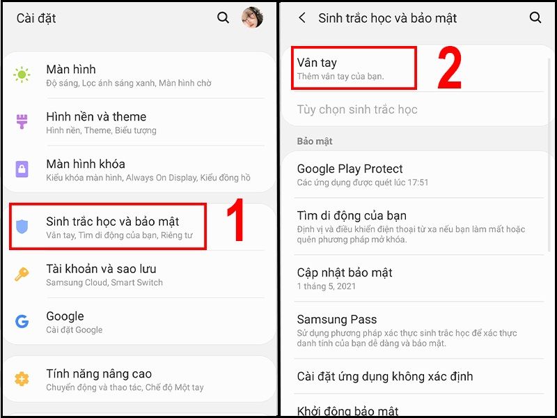 Cài vân tay trong phần cài đặt Samsung