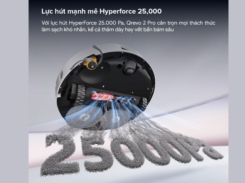 Lực hút 25000pa mạnh mẽ trên Roborock Qrevo 2 Pro