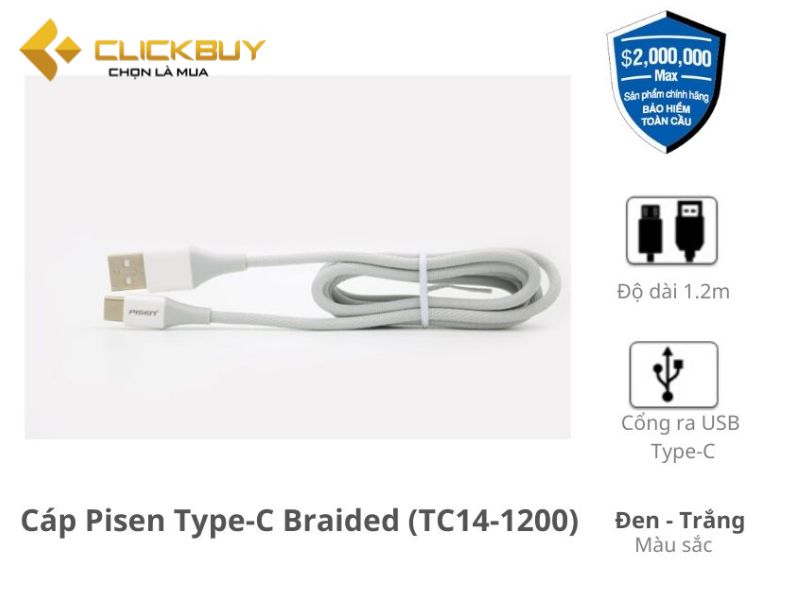 thiết kế của cáp sạc Type-C Pisen Braided 1.2m