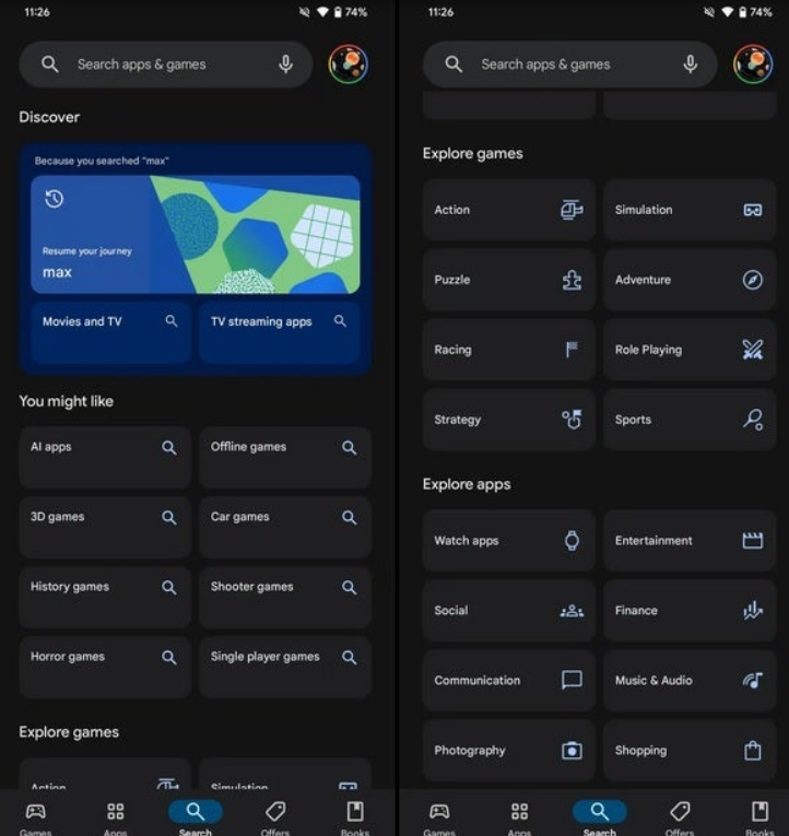 tab tìm kiếm và các thay đổi Google Play Store