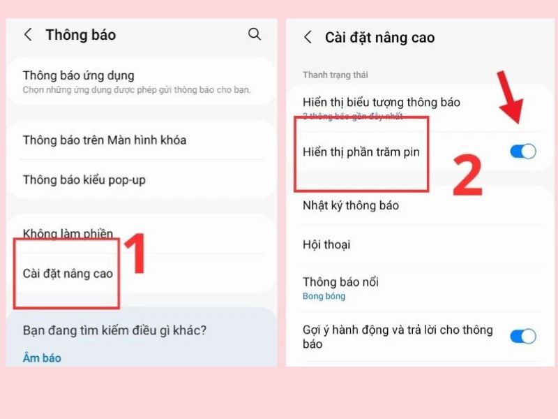 Bật cài đặt hiển thị phần trăm pin trên Samsung