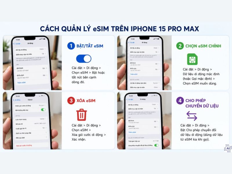 Cách quản lý và chuyển đổi eSIM trên iPhone 15 Pro Max