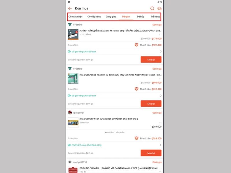 Lịch sử mua hàng trên Shopee