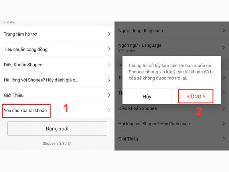 Xác nhận xóa tài khoản Shopee vĩnh viễn