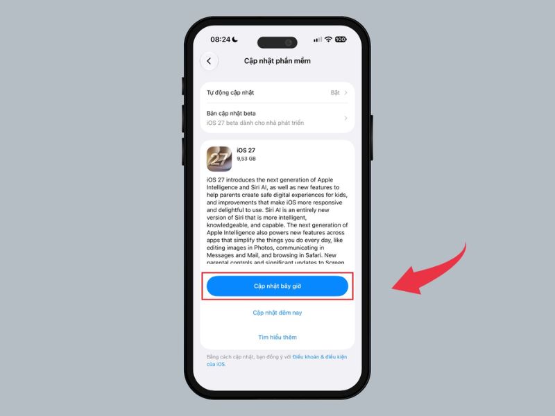 Chọn tùy chọn cập nhật iOS 27 ngay