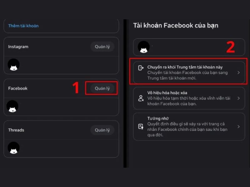 Chọn tài khoản bạn muốn hủy liên kết với Facebook