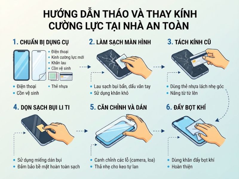 Hướng dẫn tháo và thay kính cường lực tại nhà an toàn