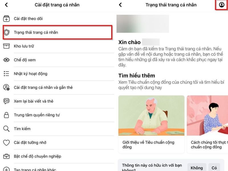 Theo dõi trạng thái tài khoản trong phần cài đặt