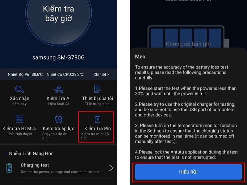 Kiểm tra thông tin pin qua mục cài đặt