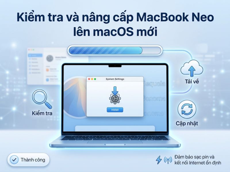 Kiểm tra và nâng cấp MacBook Neo lên macOS mới