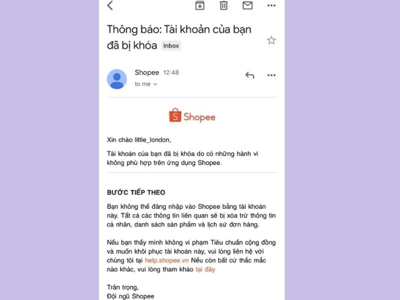 Thông báo tài khoản Shopee bị khóa