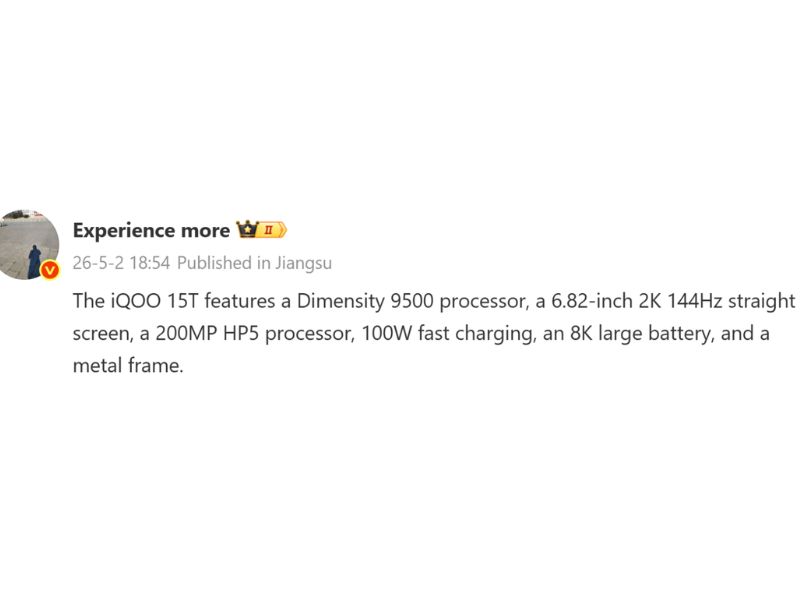 Rò rỉ cấu hình iQOO 15T với chipset mạnh mẽ, pin khủng