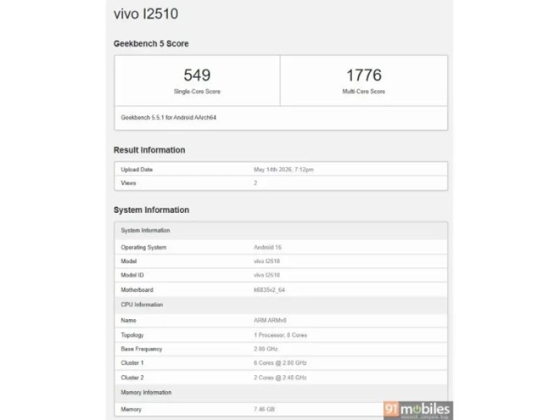 iQOO Z11 Lite lộ diện trên Geekbench với số model I2510