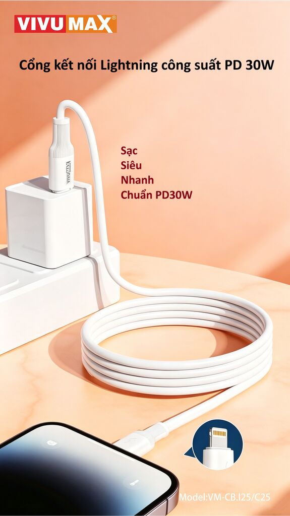 Cáp sạc nhanh Vivumax I25 C to Lightning 30W Màu Trắng-60905