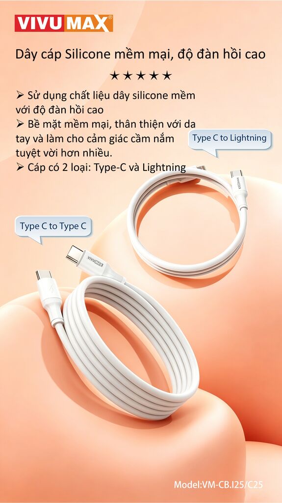 Cáp sạc nhanh Vivumax I25 C to Lightning 30W Màu Trắng-60909