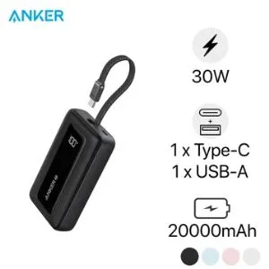 Pin dự phòng Anker Zolo 20000mah 30W 1A1C Tích Hợp Cáp Type-C A1689