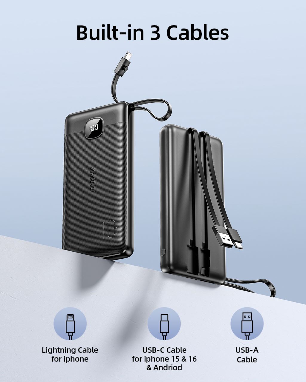 Sạc dự phòng Innostyle MultiCharge Go 10000 mAh kèm 3 cáp - IP20MCBLK-60811