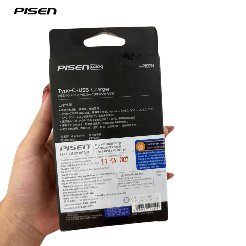 Sạc Pisen Mini 20W 2 Cổng (USB A+USB C) Màu Trắng KPQ201-54540