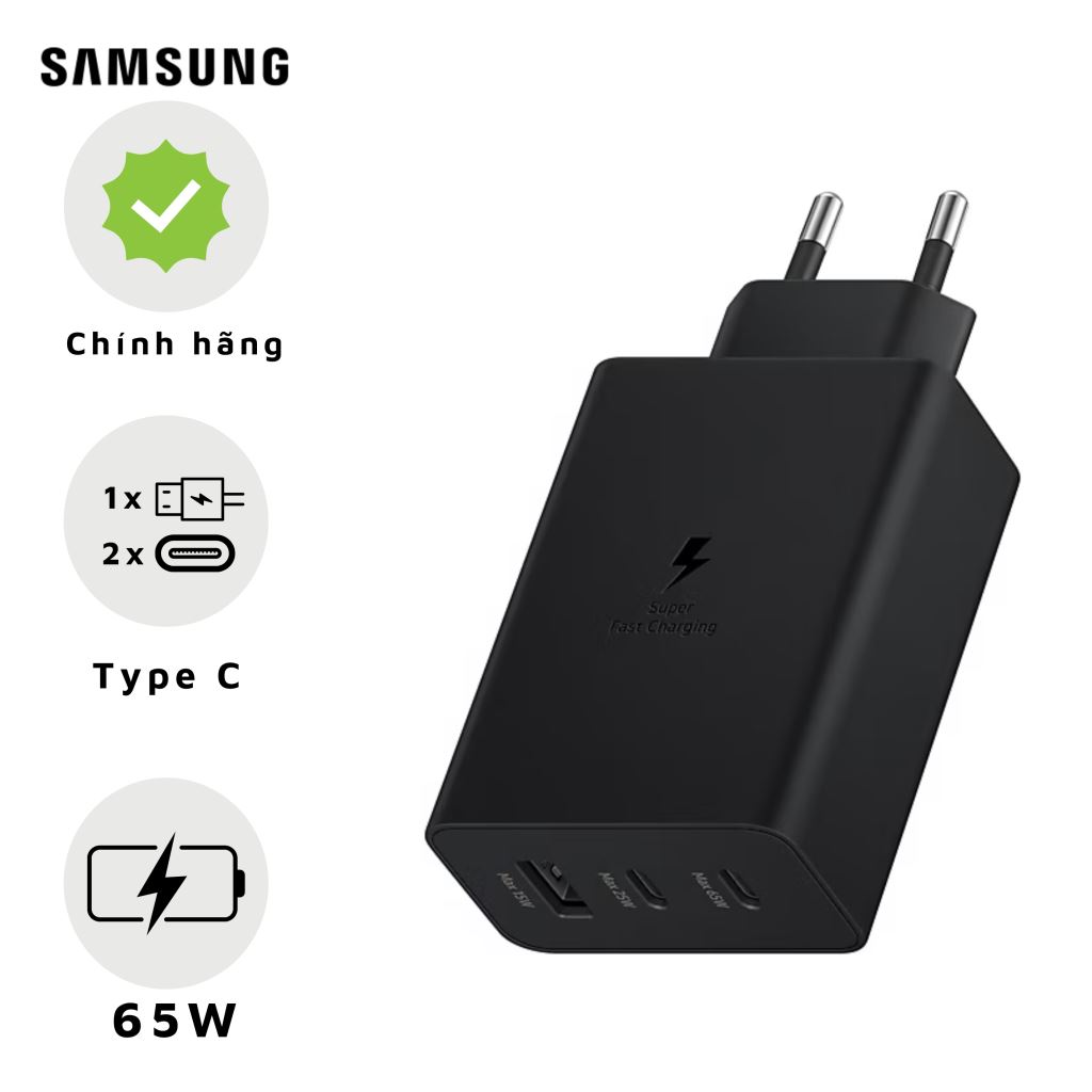 Sạc Samsung Trio 65W 3 Cổng (USB A+2USB C) Màu Đen - EP-T6530NBEGWW